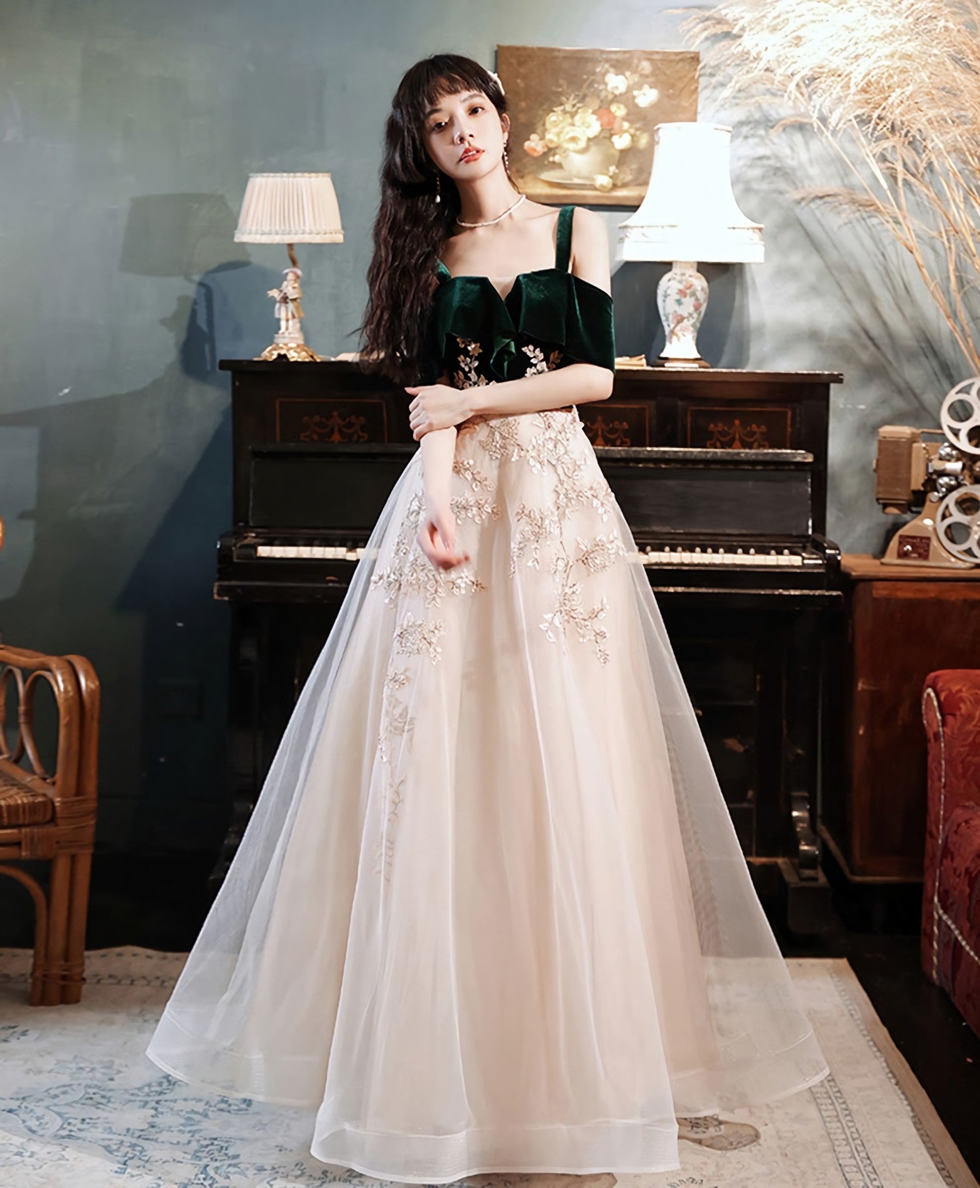 Green Tulle Lace Long Prom Dress Green Lace Prom Dresses