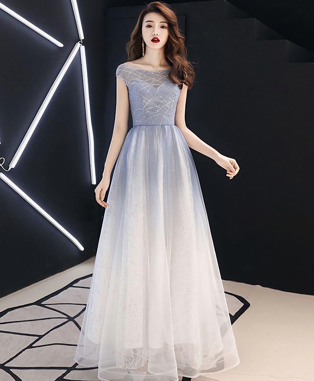 Blue Round Neck Tulle Long Prom Dress, Blue Tulle Prom Dresses