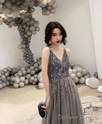 Gray V Neck Tulle Beads Long Prom Dress Gray Tulle Prom Dresses