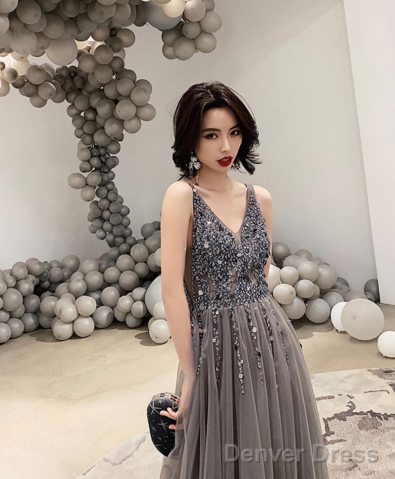 Gray V Neck Tulle Beads Long Prom Dress Gray Tulle Prom Dresses
