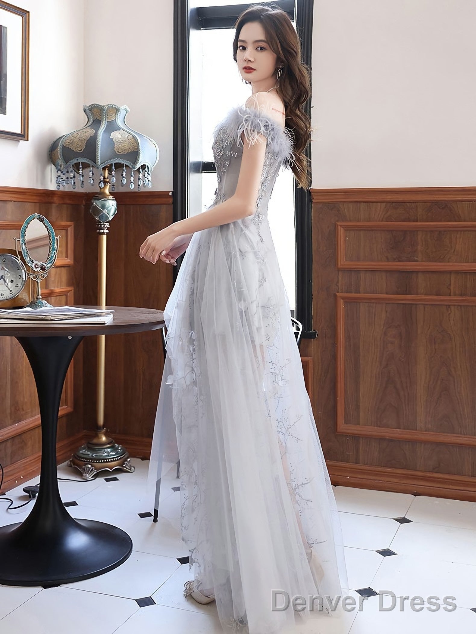 Gray Sweetheart Neck Tulle Long Prom Dress Gray Prom Dresses