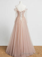 Champagne Pink Tulle Beads Long Prom Dress, Champagne Prom Dresses