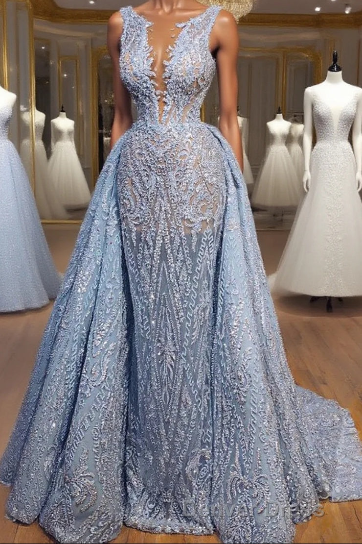 Elegant Blue Lace Sleeveless Deep V Neck Prom Dress