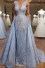 Elegant Blue Lace Sleeveless Deep V Neck Prom Dress