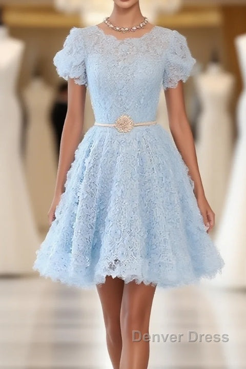 Cute Blue Lace Short Prom Dresses, Blue Homecoming Dresses Main image