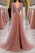 Pink V Neck Tulle Sequin Long Prom Dresses, Pink Formal Dresses