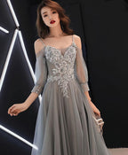 Gray Sweetheart A Line Tulle Lace Long Prom Dress Gray Prom Dresses