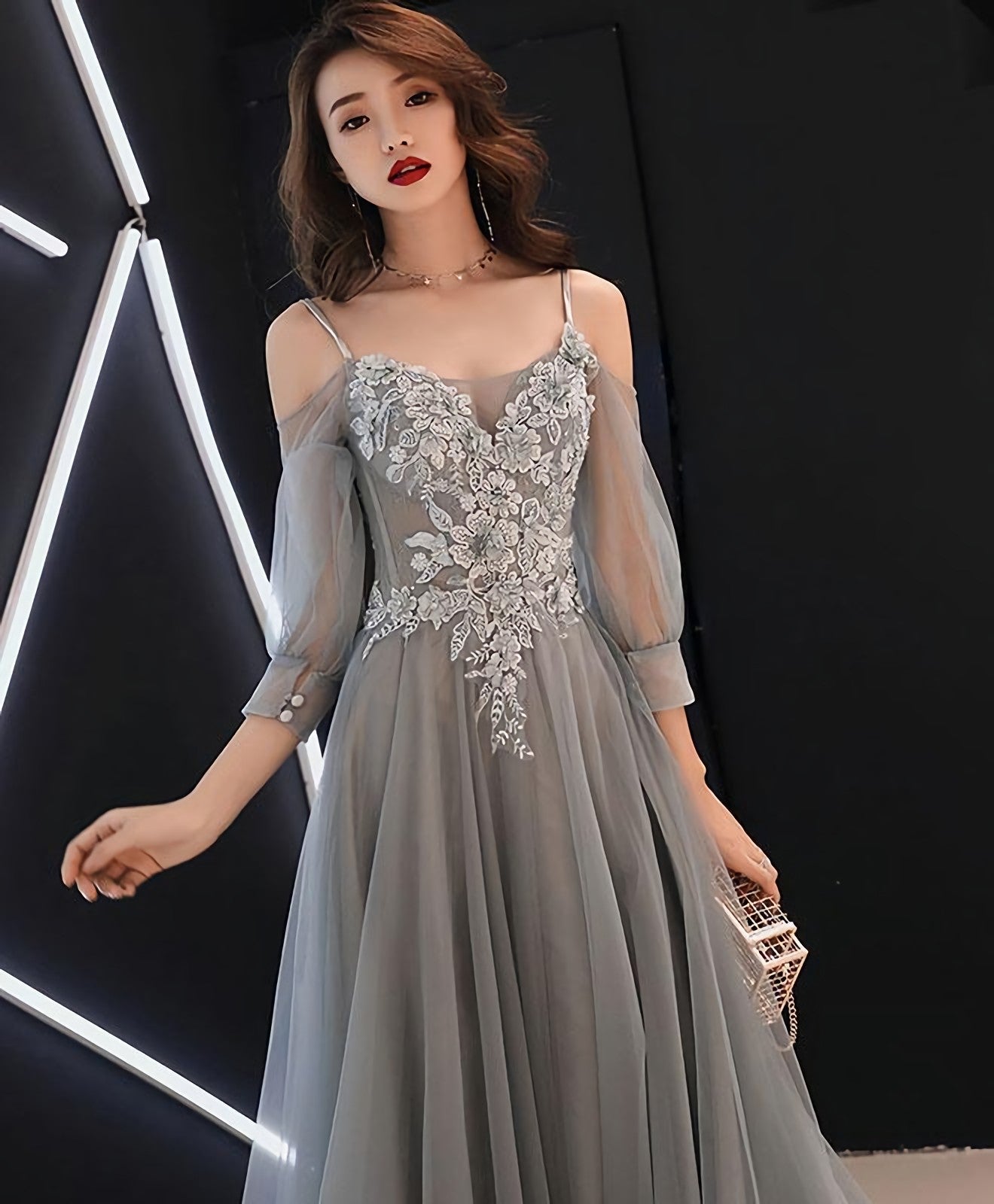 Gray Sweetheart A Line Tulle Lace Long Prom Dress Gray Prom Dresses