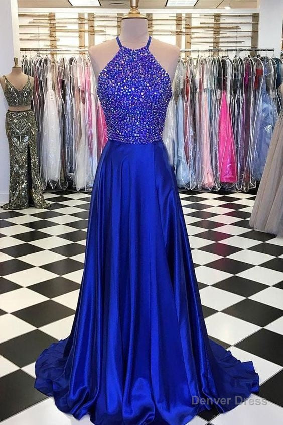 blue a line beads long prom dress blue evening dress Main image