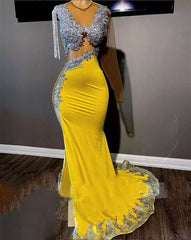 Sexy Yellow Prom Dresses Luxury for Black Girl Mermaid Illusion Bead Long Sleeve Tassel Evening Gowns