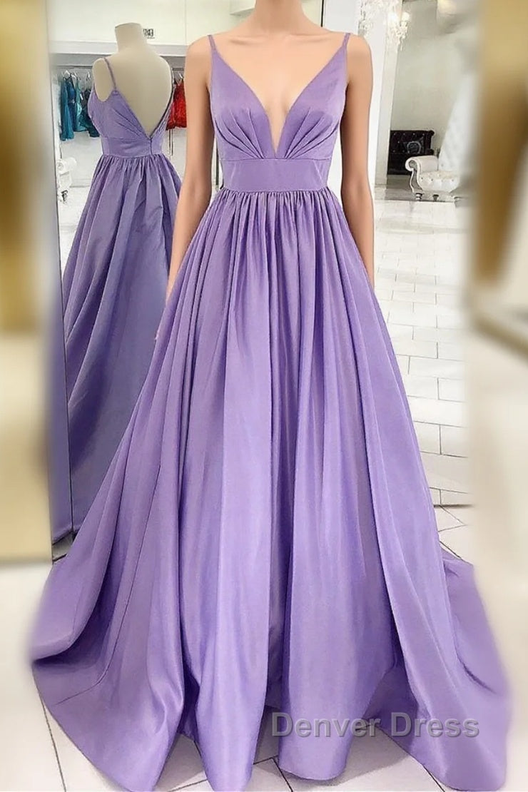 Straps V Neck Satin Maxi Prom Dresses Lavender Formal Evening Gown