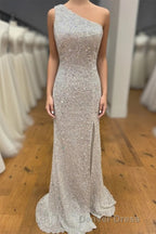 One Shoulder Ivory Sequined Long Prom Dresses