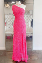 One Shoulder Ivory Sequined Long Prom Dresses