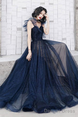Dark Blue Sweetheart Tulle Long Prom Dress Blue Tulle Formal Dress