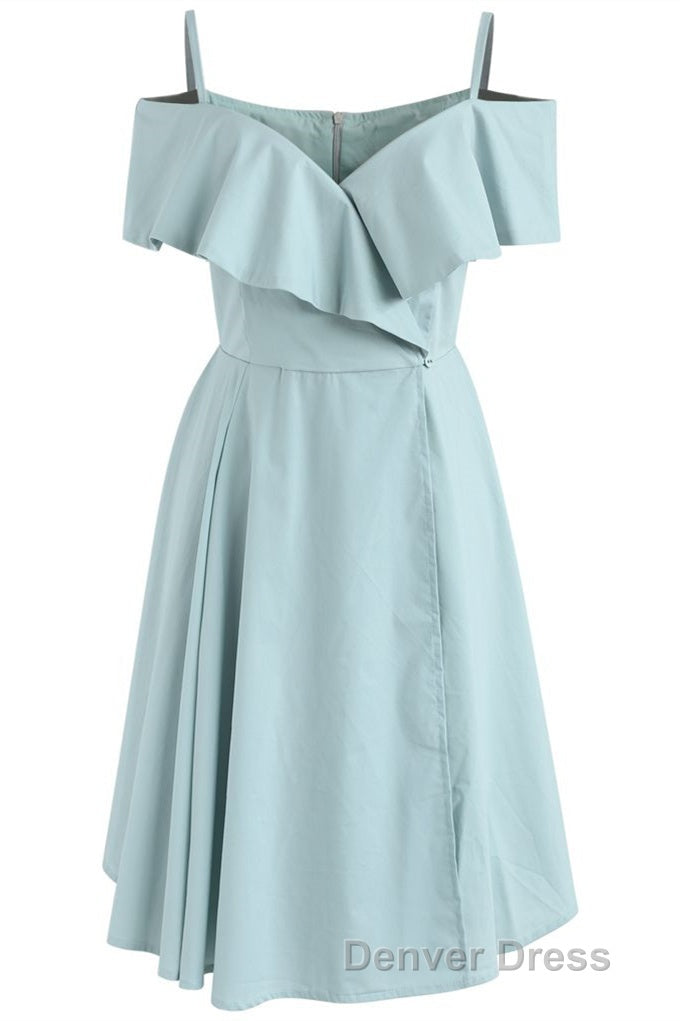 Mint Cold-Shoulder Ruffled A-Line Short Dresses