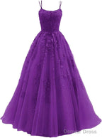Womens Lace Appliques Prom Dress Long Spaghetti Strap Ball Gown Tulle Prom Dresses for Prom