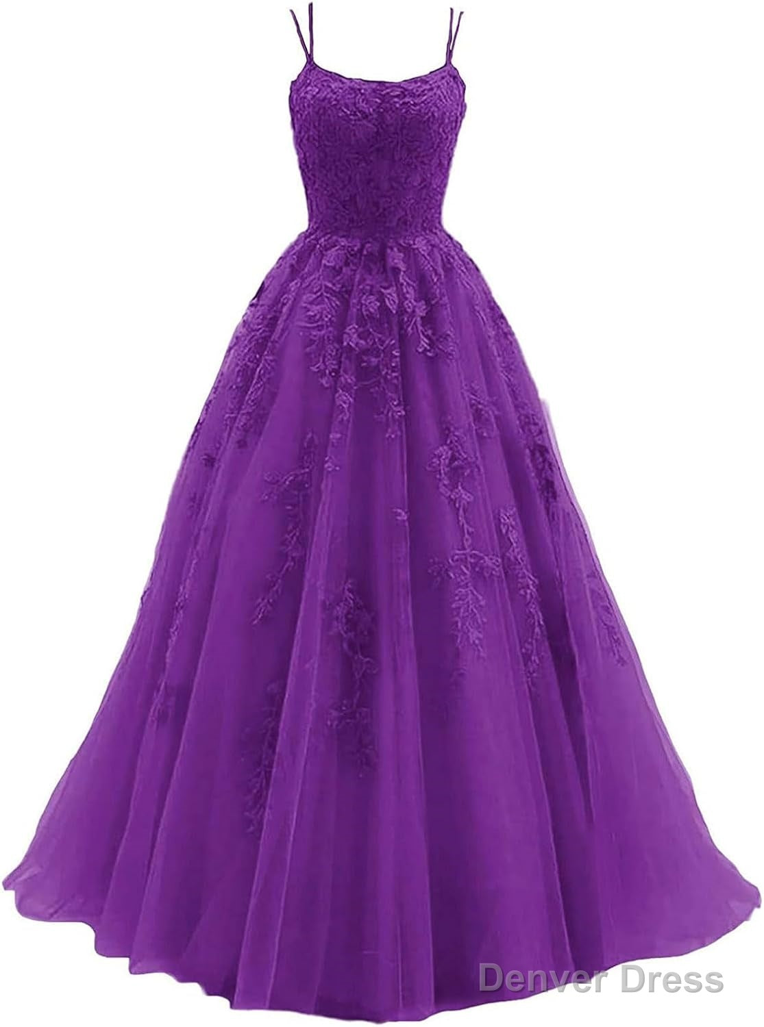 Womens Lace Appliques Prom Dress Long Spaghetti Strap Ball Gown Tulle Prom Dresses for Prom