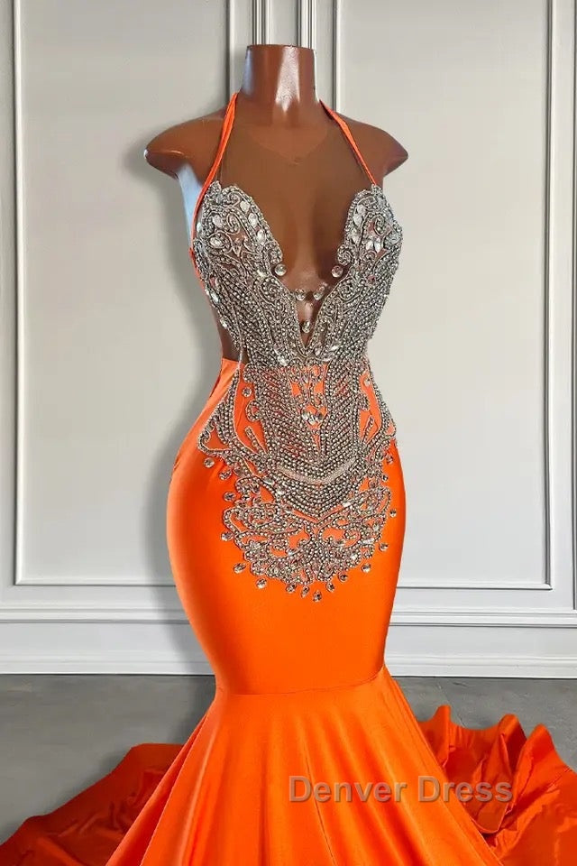 Sleeveless V Neck Halter Mermaid Prom Dresses With Beadings