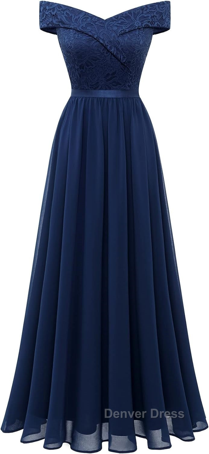 Womens Lace Bridesmaid Dresses A-Line Off Shoulder Floral Lace Chiffon Prom Dresses