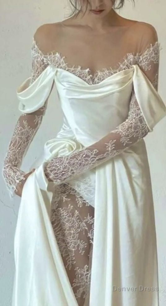 Ivory Lace Satin Wedding Dress, Off The Shoulder Bridal Dresses