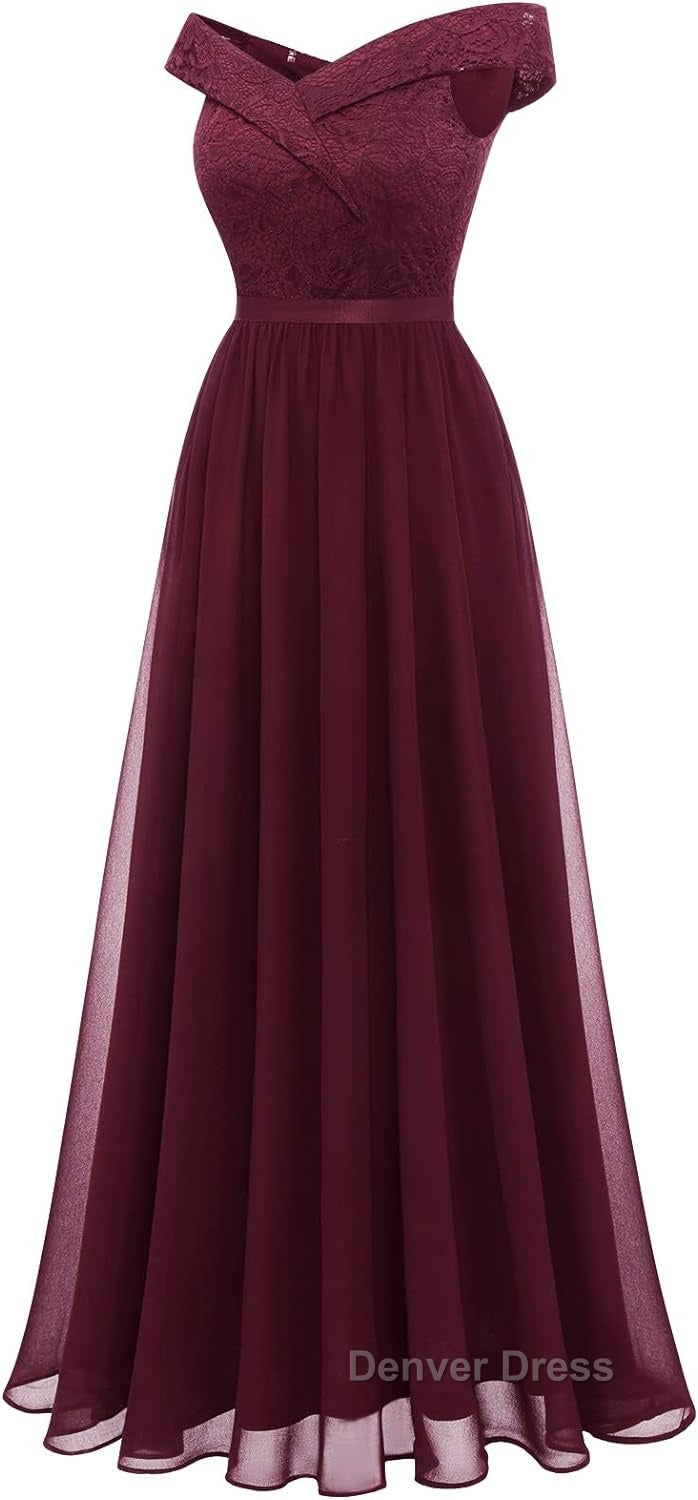 Womens Lace Bridesmaid Dresses A-Line Off Shoulder Floral Lace Chiffon Prom Dresses