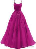 Womens Lace Appliques Prom Dress Long Spaghetti Strap Ball Gown Tulle Prom Dresses for Prom