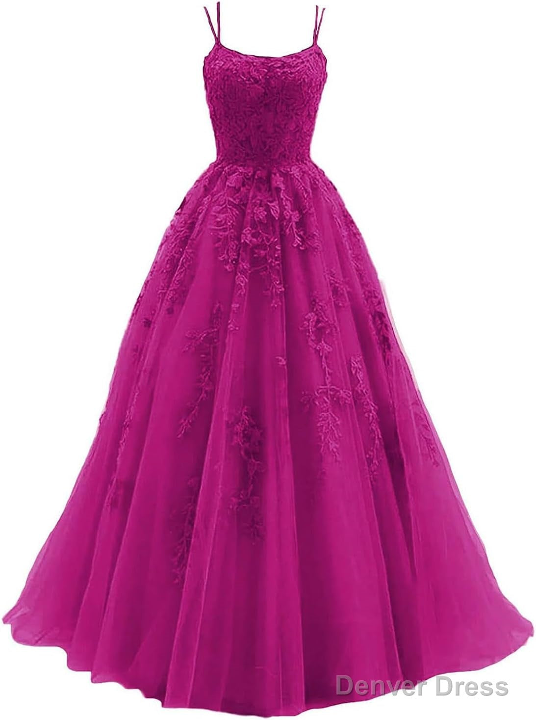 Womens Lace Appliques Prom Dress Long Spaghetti Strap Ball Gown Tulle Prom Dresses for Prom