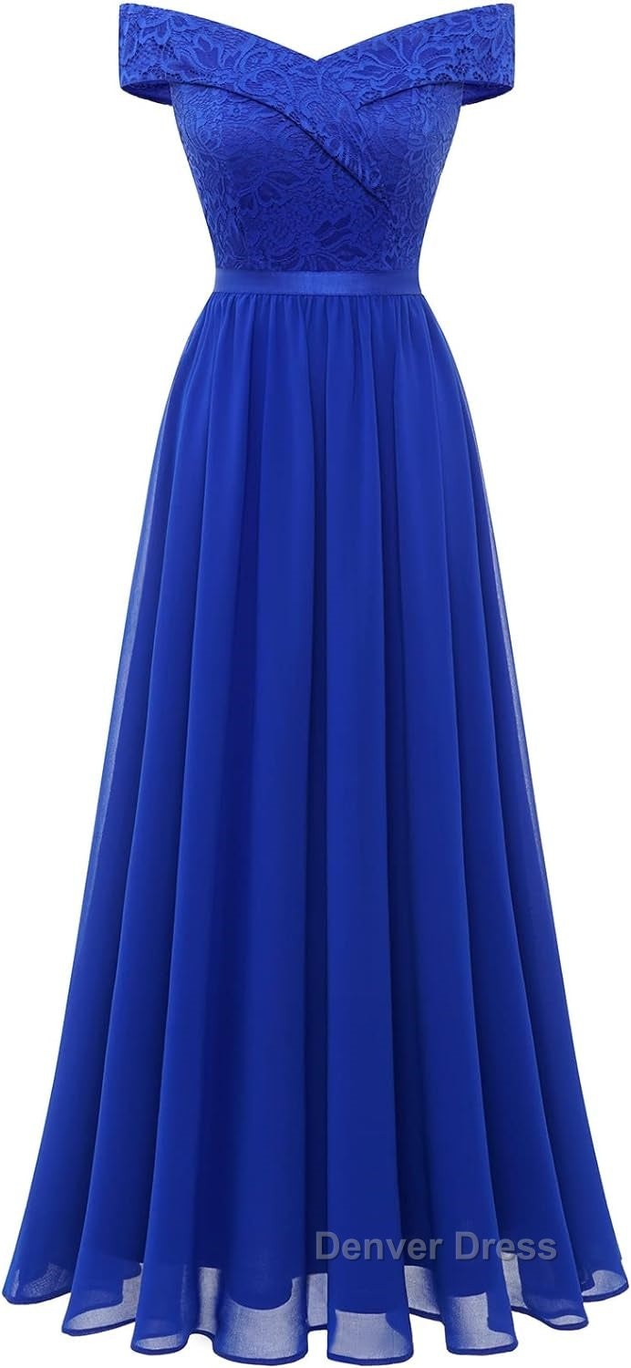 Womens Lace Bridesmaid Dresses A-Line Off Shoulder Floral Lace Chiffon Prom Dresses