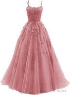 Womens Lace Appliques Prom Dress Long Spaghetti Strap Ball Gown Tulle Prom Dresses for Prom