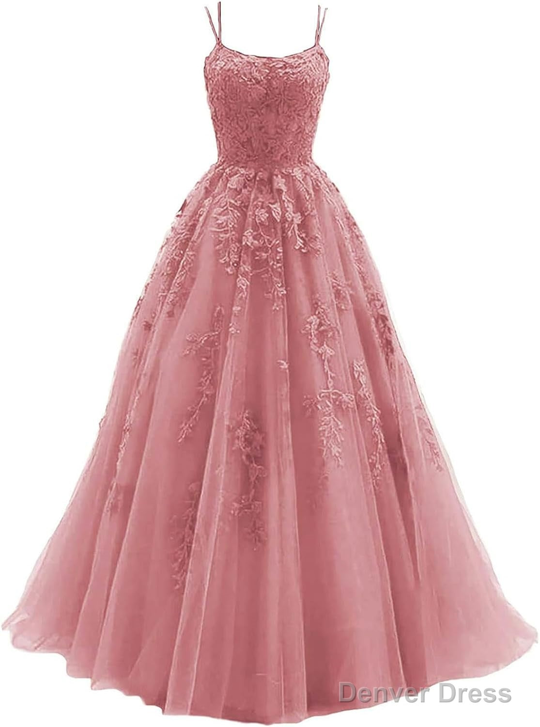 Womens Lace Appliques Prom Dress Long Spaghetti Strap Ball Gown Tulle Prom Dresses for Prom
