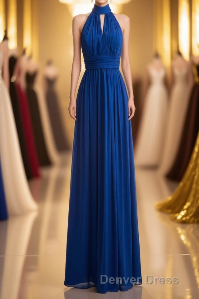 Royal Blue Chiffon Halter Keyhole Long Formal Dresses Main image