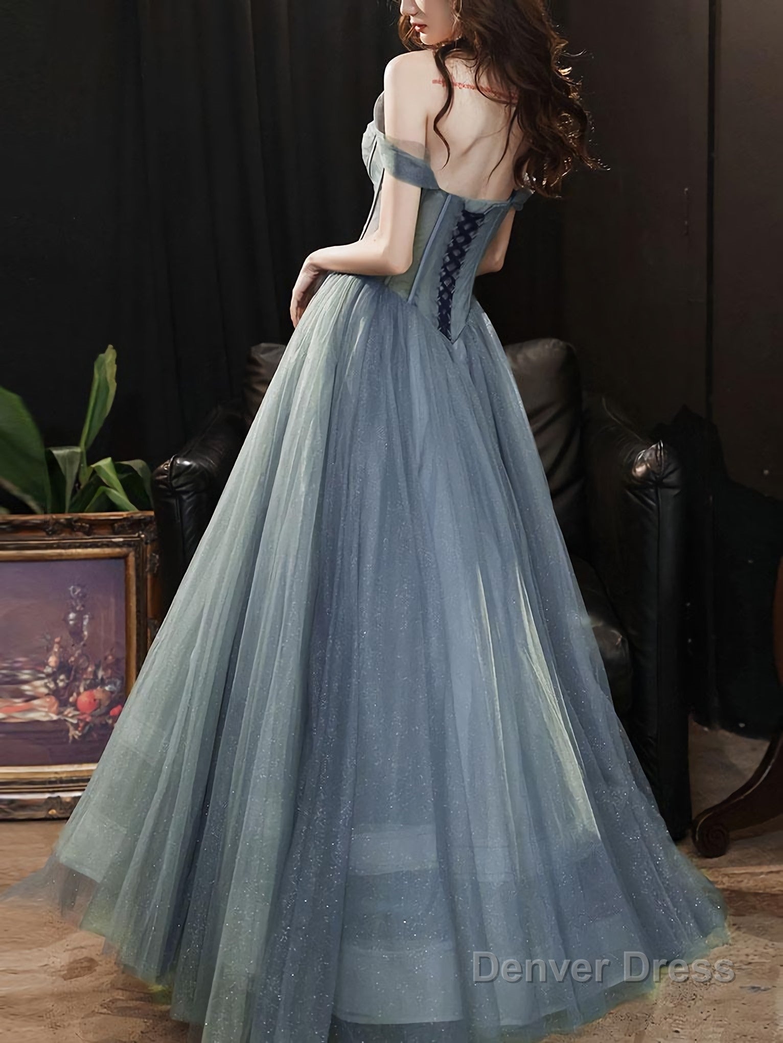 A Line Sweetheart Neck Gray Blue Tulle Long Prom Dress, Blue Prom Dresses