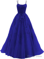 Womens Lace Appliques Prom Dress Long Spaghetti Strap Ball Gown Tulle Prom Dresses for Prom