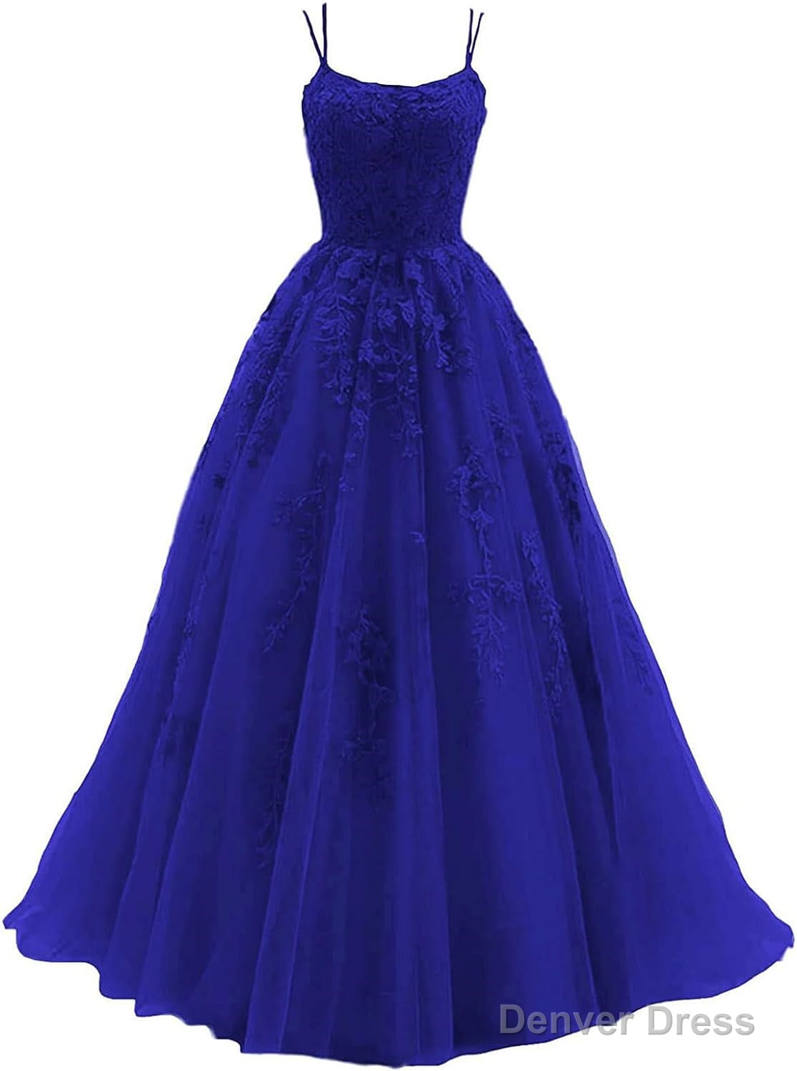 Womens Lace Appliques Prom Dress Long Spaghetti Strap Ball Gown Tulle Prom Dresses for Prom