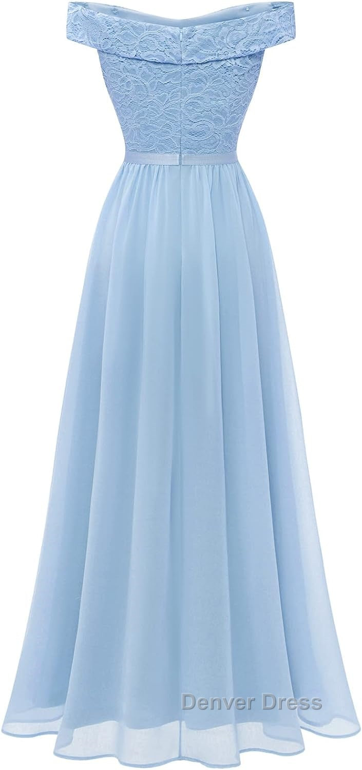 Womens Lace Bridesmaid Dresses A-Line Off Shoulder Floral Lace Chiffon Prom Dresses