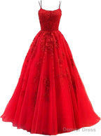 Womens Lace Appliques Prom Dress Long Spaghetti Strap Ball Gown Tulle Prom Dresses for Prom