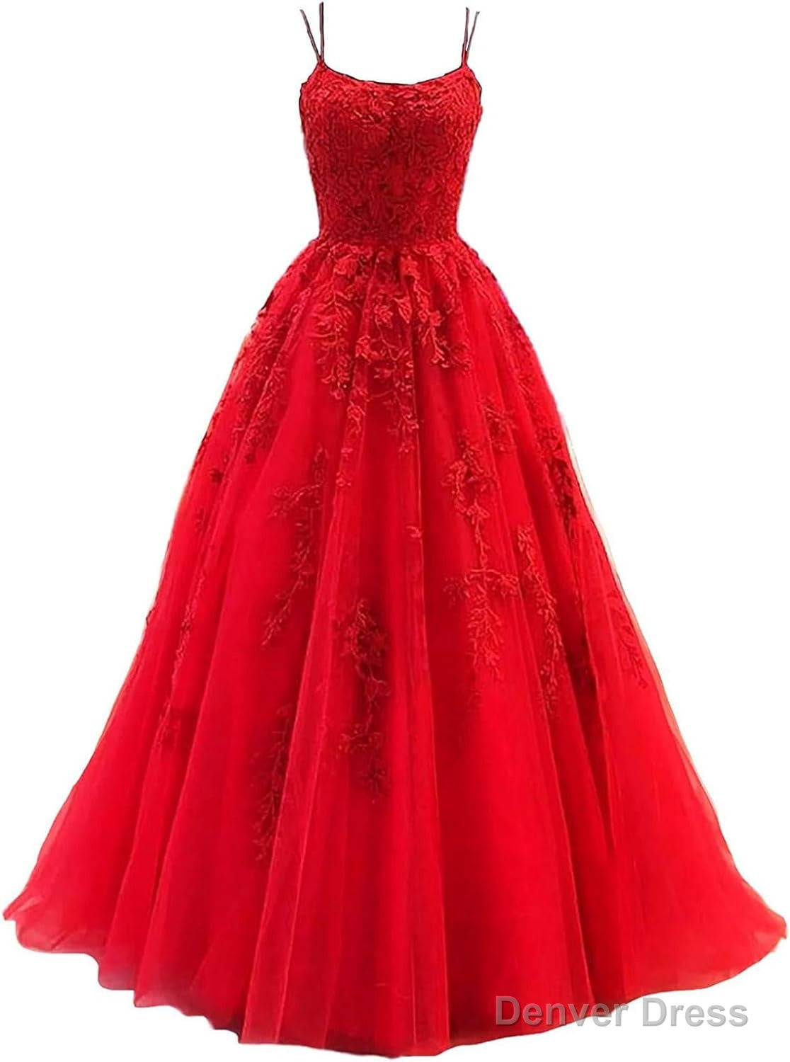 Womens Lace Appliques Prom Dress Long Spaghetti Strap Ball Gown Tulle Prom Dresses for Prom