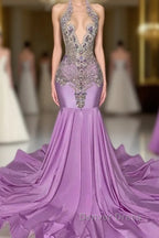 Long Lilac Sleeveless Halter Mermaid Prom Dresses With Beadings