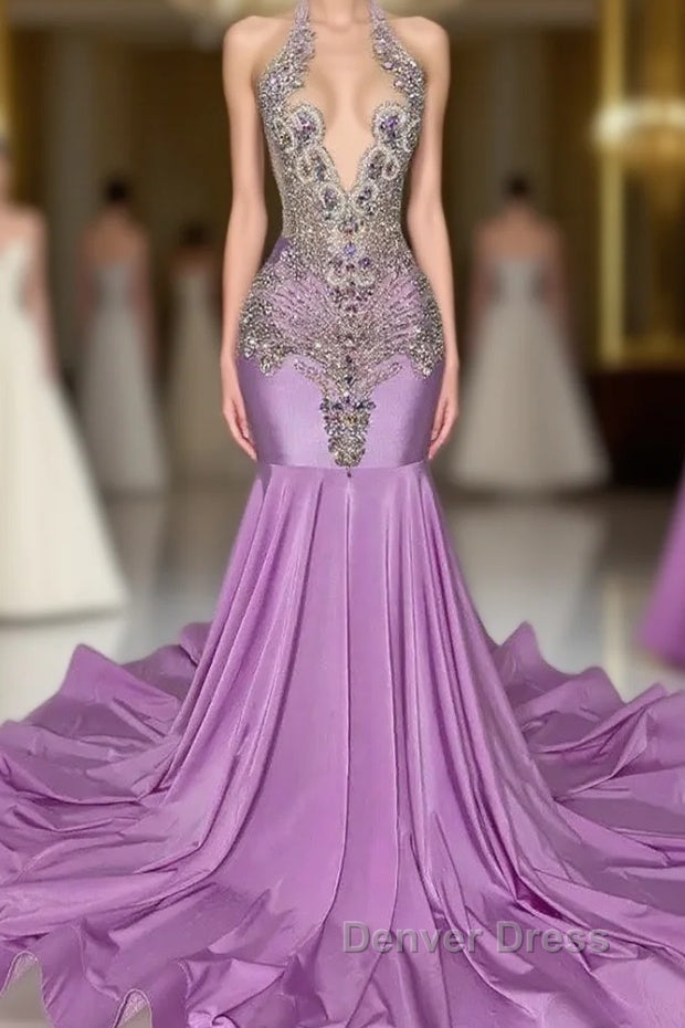 Long Lilac Sleeveless Halter Mermaid Prom Dresses With Beadings