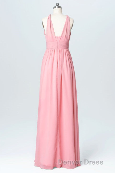Pink Chiffon Halter Backless A-Line Long Bridesmaid Dresses Main image