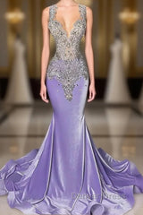 Lilac Mermaid Prom Dresses with Scoop Neckline Sleeveless and Crystal Beadings