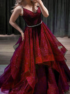 Blue V Neck Tulle Sequin Long Prom Dress Blue Prom Dresses
