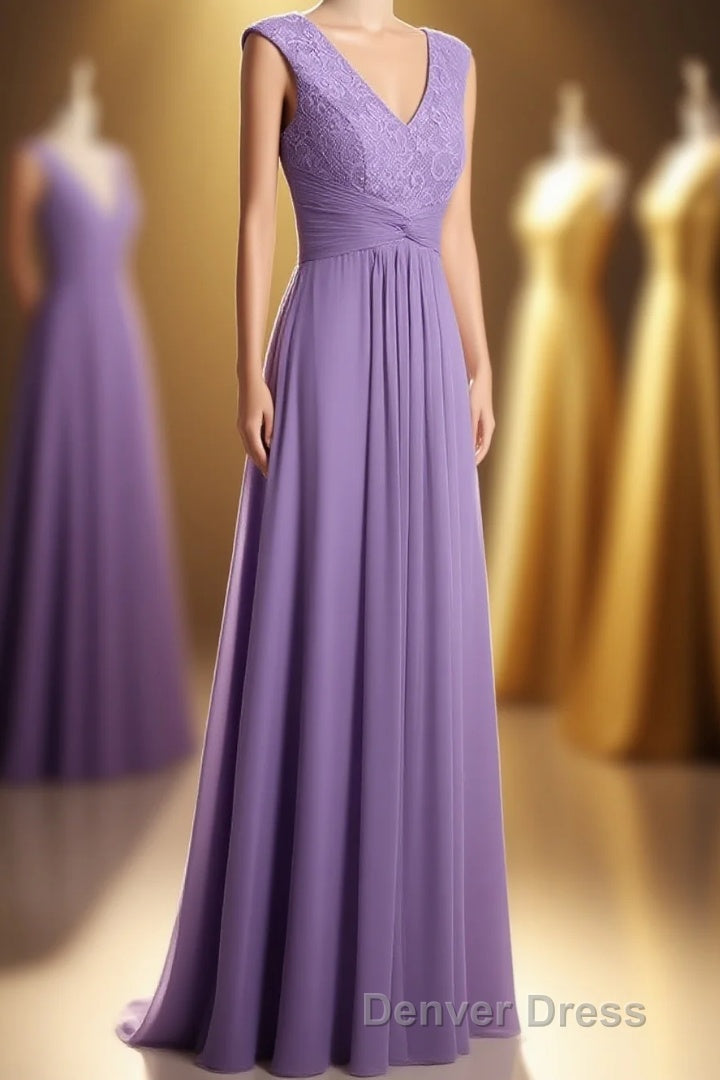 Lavender V Neck Twist Front A Line Long Bridesmaid Dresses Main image