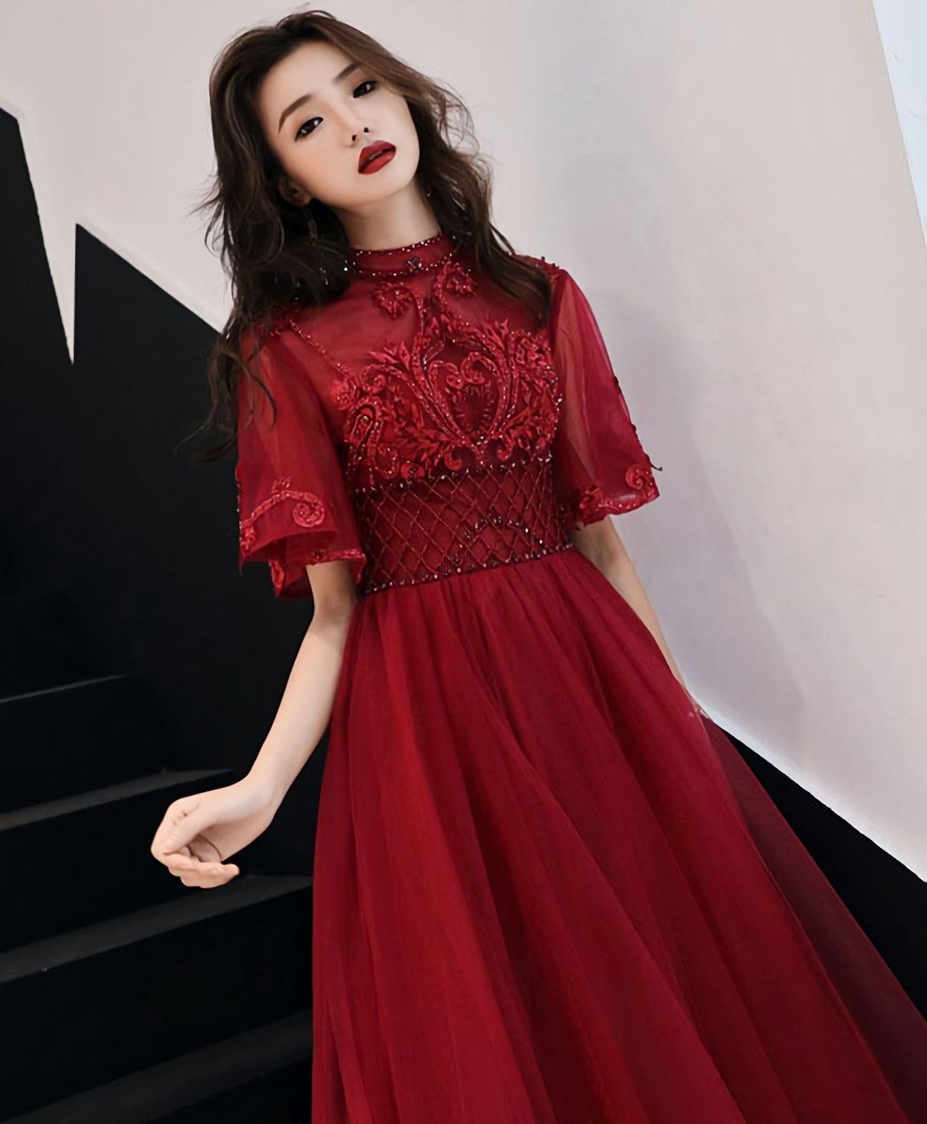 Burgundy Tulle Lace Long Prom Dress Burgundy Prom Dresses 6