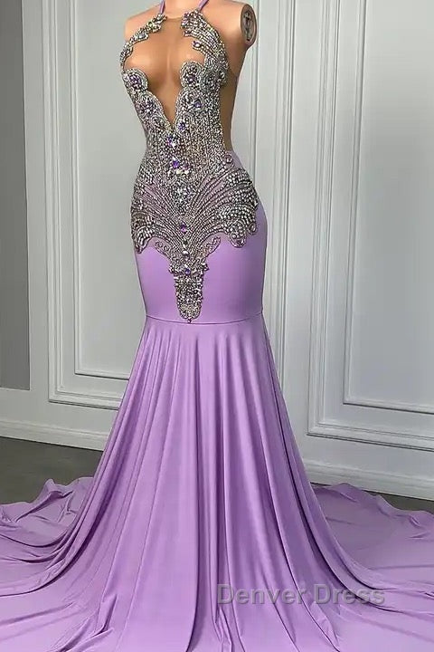 Long Lilac Sleeveless Halter Mermaid Prom Dresses With Beadings Secondary image