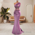 Lilac One Shoulder Mermaid Prom Dresses with Beads