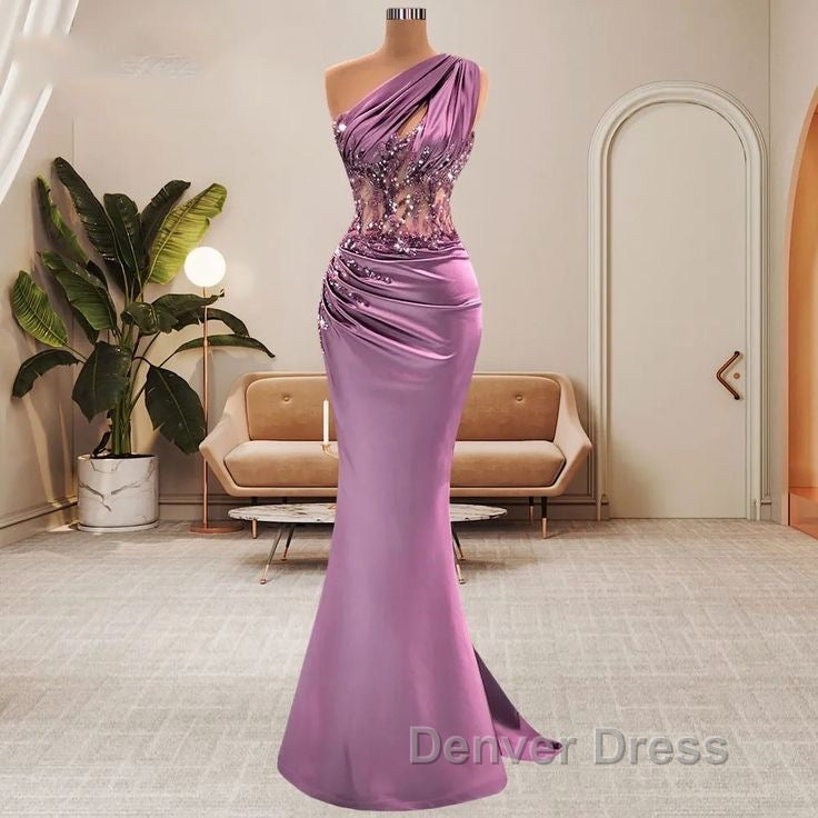 Lilac One Shoulder Mermaid Prom Dresses with Beads