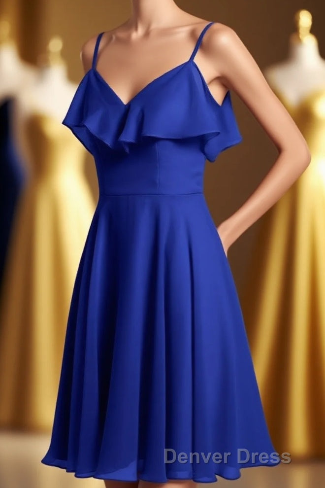 Royal Blue Spaghetti Straps Ruffled A-Line Short Bridesmaid Dresses Main image