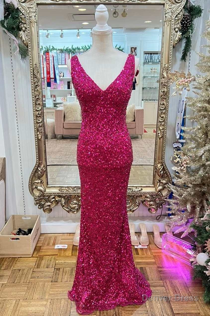 Magenta Sequin V-Neck Mermaid Long Prom Dress Main image