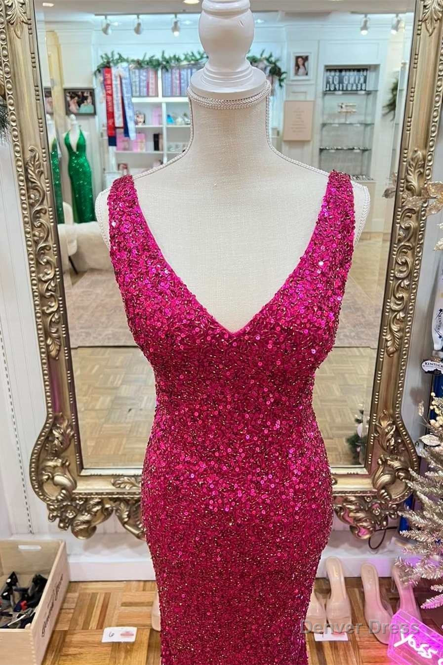 Magenta Sequin V-Neck Mermaid Long Prom Dress Secondary image